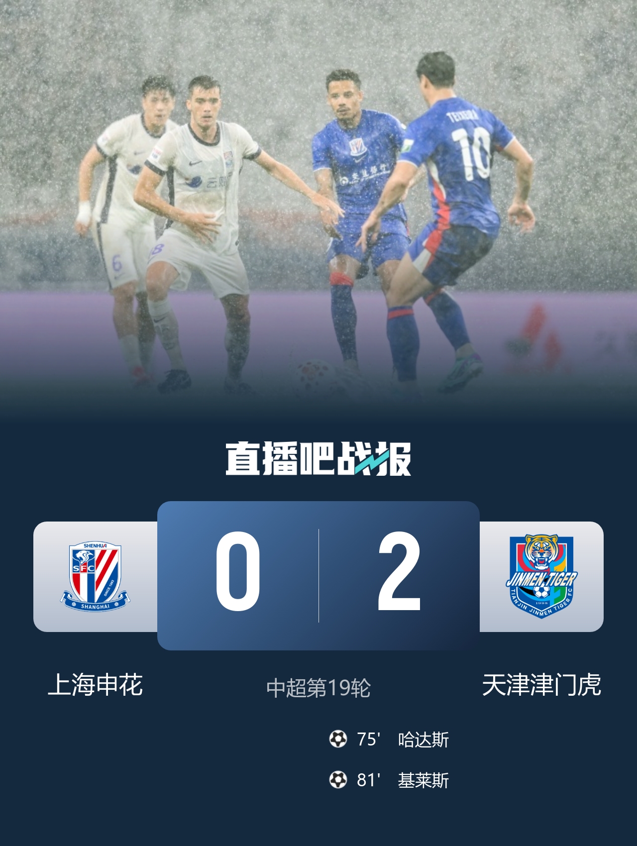 哈达斯传射基莱斯破门 津门虎2-0客胜申花 比赛因暴雨中断一小时
