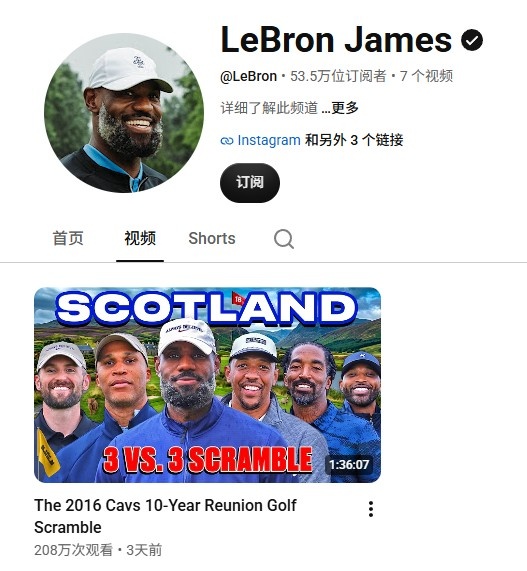 詹姆斯YouTube频道关注数破53万 首个高尔夫视频播放量超200万 詹姆斯YouTube频道关注数破53万 首个高尔夫视频播放量超200万